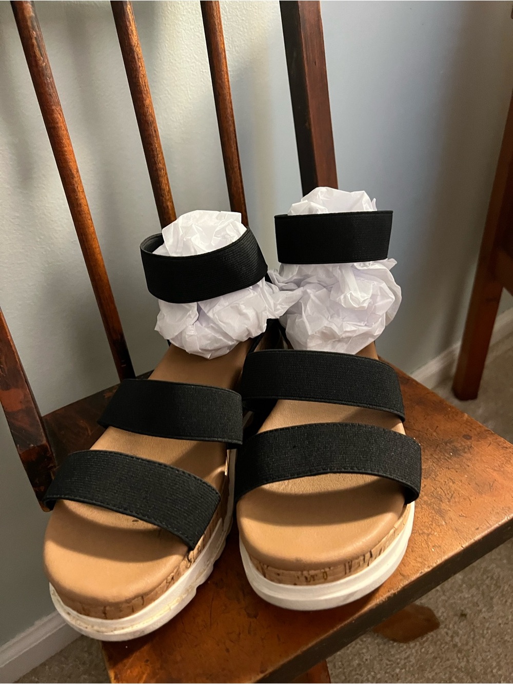 Womens Black Elastic Strap Platform Sandals